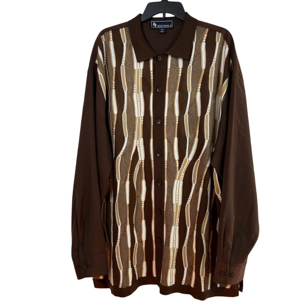 Edition S 3D Textured Knit Button Down Shirt Mens 3XL Brown Retro Streetwear Lux
